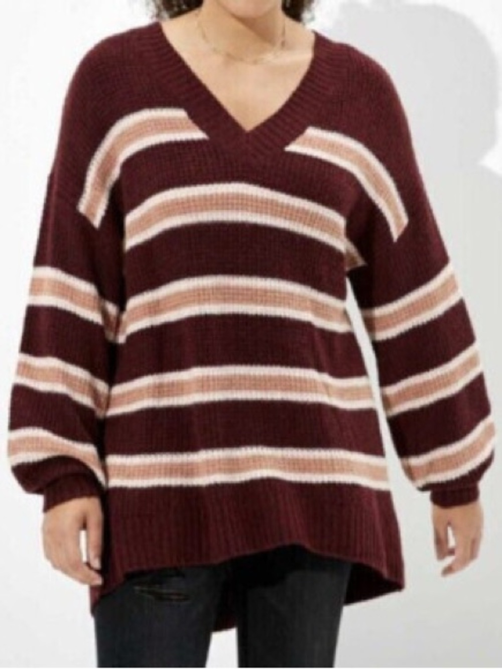 American Eagle Striped Oversized Sweater Maroon V-neck Cozy Small Women’s
